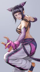 Rule 34 | 1girl, backless outfit, baggy pants, bare shoulders, belt, blunt bangs, bracelet, breasts, chaps, cone hair bun, detached sleeves, double bun, fighting stance, fingerless gloves, foot out of frame, gloves, grey background, hair bun, han juri, highres, jewelry, looking at viewer, medium breasts, medium hair, multiple belts, outstretched hand, pants, parted lips, pink eyes, pink gloves, purple pants, purple sleeves, sideboob, sidelocks, smile, solo, spiked bracelet, spikes, street fighter, street fighter iv (series), studded choker, toeless footwear, updo, white pants, x chitch