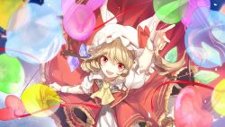 Rule 34 | 1girl, arm up, ascot, balloon, blonde hair, fangs, flandre scarlet, from above, hair between eyes, hat, hat ribbon, heart, heart balloon, looking at viewer, mob cap, no-kan, one side up, open mouth, puffy short sleeves, puffy sleeves, red eyes, red ribbon, red skirt, ribbon, short sleeves, skirt, smile, solo, touhou, white hat, wings, wrist cuffs