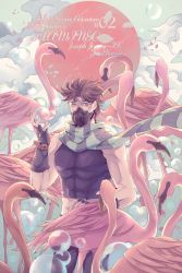 Rule 34 | 1boy, abs, bird, brown hair, bubble, character name, cloud, copyright name, crop top, fingerless gloves, flamingo, gloves, green eyes, jojo no kimyou na bouken, joseph joestar, joseph joestar (young), male focus, mask, midriff, muscular, scarf, solo, striped clothes, striped scarf, wenny02