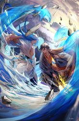 Rule 34 | 2boys, black hair, blue hair, blurry, blurry foreground, border0715, brown hair, chinese clothes, closed mouth, cloud, cloudy sky, commentary request, earrings, falling, falling rock, fighting, fingernails, fur, fur trim, genshin impact, hair between eyes, hanfu, highres, holding, holding polearm, holding spear, holding weapon, humanization, jacket, jewelry, long hair, long sleeves, male focus, monster, multicolored hair, multiple boys, open clothes, osial (genshin impact), pectorals, polearm, rain, rock, signature, single earring, sky, smile, spear, tag, tassel, tassel earrings, water, weapon, yellow eyes, zhongli (genshin impact)