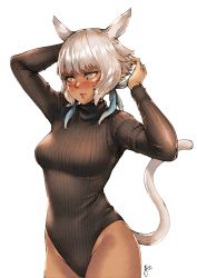 Rule 34 | 1girl, absurdres, animal ears, arms up, artist name, blush, breasts, cat ears, cat girl, cat tail, closed mouth, commentary request, dark-skinned female, dark skin, facial mark, final fantasy, final fantasy xiv, hair ribbon, heattech leotard, highleg, highleg leotard, highres, hjz (artemi), leotard, lips, long sleeves, medium breasts, miqo&#039;te, ribbon, short hair, signature, silver hair, simple background, sweater, tail, thighs, turtleneck, white background, y&#039;shtola rhul