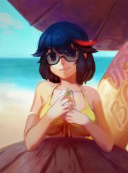 Rule 34 | 1girl, 3four, bare shoulders, beach, black hair, blue eyes, breasts, closed mouth, day, streaked hair, highres, kill la kill, looking at viewer, matoi ryuuko, medium breasts, multicolored hair, red hair, short hair, smile, solo, streaked hair, swimsuit, two-tone hair, upper body