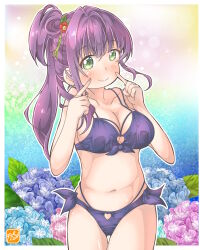 Rule 34 | 1girl, alternate costume, bikini, blue background, blue bikini, blue flower, blush, breasts, cleavage, closed mouth, clothing cutout, collarbone, cowboy shot, dated, fingers to cheeks, floral background, flower, front-tie bikini top, front-tie top, gradient background, green background, green eyes, hair bun, hair flower, hair ornament, heart cutout, highres, large breasts, link! like! love live!, lone nape hair, long hair, looking at viewer, love live!, multi-strapped bikini bottom, multi-strapped bikini top, navel, otomune kozue, pink flower, purple hair, red flower, side-tie bikini bottom, side ponytail, sidelocks, single side bun, smile, solo, split mouth, stomach, swimsuit, takecho, textless version, virtual youtuber, yellow background