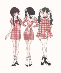 Rule 34 | 1girl, :o, black eyes, black footwear, black hair, bow, braid, checkered clothes, checkered dress, closed eyes, closed mouth, collar, commentary request, crossed legs, dress, earrings, flower, frilled collar, frills, full body, hair bow, hair ribbon, high heels, jewelry, juliet sleeves, long hair, long sleeves, looking at viewer, looking to the side, low twintails, multiple views, original, pantyhose, puffy short sleeves, puffy sleeves, red dress, red flower, ribbon, rikuwo, short hair, short sleeves, simple background, socks, tress ribbon, twin braids, twintails, variations, white bow, white collar, white pantyhose