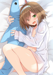 Rule 34 | 1girl, :d, ahoge, ass, bed sheet, blush, breasts, brown hair, cleavage, collared shirt, commentary request, dress shirt, fang, green eyes, hair intakes, hair over one eye, hairband, haru (kuzuyu), highres, ikea shark, knee up, komori kuzuyu, long sleeves, looking at viewer, lying, naked shirt, navel, hugging object, on side, open clothes, open mouth, open shirt, original, shirt, sleeves past wrists, small breasts, smile, solo, stuffed animal, stuffed shark, stuffed toy, white hairband, white shirt
