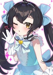Rule 34 | 1girl, :o, absurdres, ahoge, arm at side, back bow, black hair, blue bow, blue bowtie, blue dress, blush, bow, bowtie, brooch, dot nose, dress, gloves, hair between eyes, hair bow, hand up, heart, heart brooch, highres, idolmaster, idolmaster cinderella girls, idolmaster cinderella girls u149, jewelry, long hair, looking at viewer, matoba risa, one eye closed, ooho0216, open hand, open mouth, raised eyebrows, short sleeves, sidelocks, simple background, solo, twintails, upper body, white background, white gloves, yellow eyes