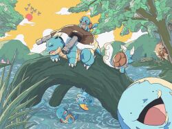 Rule 34 | animal focus, blastoise, closed eyes, cloud, cramorant, creatures (company), debudebumetabo, evolutionary line, flying, game freak, gen 1 pokemon, gen 2 pokemon, gen 7 pokemon, gen 8 pokemon, greedent, highres, hoppip, looking at viewer, nintendo, no humans, open mouth, pokemon, pokemon (creature), quagsire, red sun, ripples, rowlet, shell, skwovet, sky, slowbro, slowking, slowpoke, sobble, solid circle eyes, squirtle, tail, tree, wartortle, water, yellow sky