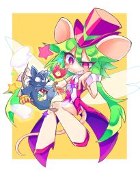 Rule 34 | 1boy, 1girl, animal ears, blush stickers, breasts, green hair, hat, heart, heart (mad rat dead), heart tail, highres, leotard, mad rat, mad rat dead, mouse (animal), mouse ears, mouse girl, mouse tail, nippon ichi, rat god, red eyes, stitches, tail, tie clip, top hat, wings, wrist cuffs