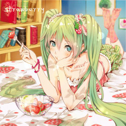 Rule 34 | 1girl, :t, aqua eyes, bad id, bad pixiv id, bed, book, bookshelf, bowl, bracelet, head rest, eating, food, fork, fruit, green hair, hatsune miku, jewelry, jiu tiao, long hair, looking at viewer, lying, on stomach, socks, solo, strawberry, twintails, vocaloid
