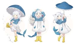 Rule 34 | 1girl, ^ ^, absurdres, adapted costume, alternate costume, animal hood, arms up, blue eyes, blue hair, blue nails, blue raincoat, blush, boots, buttons, closed eyes, coat, denpa noise, fins, fish tail, full body, gawr gura, grin, hair ornament, hands on own head, happy, highres, holding, holding umbrella, hololive, hololive english, hood, hood down, hood up, knees together feet apart, leg up, long sleeves, looking at viewer, looking up, medium hair, multicolored coat, multicolored hair, multiple views, nail polish, open mouth, pocket, raincoat, rubber boots, shark hair ornament, shark hood, shark tail, sharp teeth, simple background, smile, standing, streaked hair, tail, teeth, two-tone coat, two-tone hair, two side up, umbrella, virtual youtuber, water drop, white background, white hair, yellow footwear