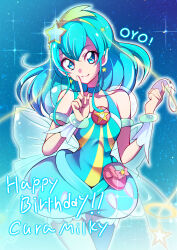 Rule 34 | 1girl, absurdres, aqua choker, aqua dress, aqua eyes, aqua hair, aqua pantyhose, back bow, birthday, blue bracelet, bow, catchphrase, character name, commentary, cowboy shot, cure milky, dress, earrings, english text, hagoromo lala, hair ornament, hairband, happy birthday, highres, huge bow, index finger raised, jewelry, looking at viewer, magical girl, medium hair, mitsuki tayura, pantyhose, pointy ears, pouch, precure, puffy short sleeves, puffy sleeves, see-through, see-through sleeves, short dress, short sleeves, sky, smile, solo, sparkle, standing, star-shaped pupils, star (sky), star (symbol), star earrings, star hair ornament, star twinkle precure, starry sky, symbol-shaped pupils, tanzaku, white bow, yellow hairband