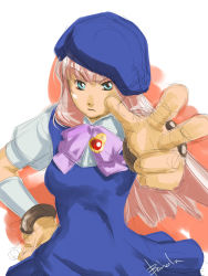 Rule 34 | 00s, 1girl, baiola, blue dress, bow, bowtie, brooch, brown gloves, dress, expressionless, gem, gloves, green eyes, hand on own hip, highres, jewelry, long hair, looking at viewer, macross, macross frontier, outstretched arm, pink bow, pink bowtie, pink hair, puffy short sleeves, puffy sleeves, sheryl nome, short sleeves, solo, very long hair