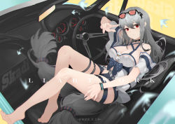 Rule 34 | 1girl, absurdres, arknights, bare shoulders, barefoot, black-framed eyewear, black choker, blue shorts, breasts, car, car interior, character name, choker, cleavage, closed mouth, convertible, crop top, dated, eyewear on head, full body, grey hair, halterneck, highres, infection monitor (arknights), large breasts, lazy dog 916513884, leg ribbon, long hair, looking at viewer, low-tied long hair, lying, motor vehicle, off-shoulder shirt, off shoulder, official alternate costume, on back, open fly, red eyes, ribbon, shirt, short shorts, shorts, skadi (arknights), skadi (waverider) (arknights), solo, sunglasses, thighs, very long hair, w, watermark, white shirt