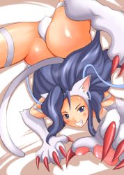 Rule 34 | 1girl, animal ears, animal hands, arched back, ass, blue eyes, blue hair, blush, capcom, cat ears, cat tail, darkstalkers, fang, felicia (darkstalkers), female focus, from above, long hair, matching hair/eyes, shiina you (tomoshibi), shiny skin, solo, tail, thighhighs, tomosibi