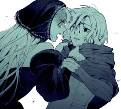 Rule 34 | 1boy, 1girl, bags under eyes, bare shoulders, bleeding, blood, blood on face, blue theme, capelet, cloak, clothes grab, crying, despair, detached hood, detached sleeves, dress, dungeon meshi, ear covers, elf, eye contact, face-to-face, hair between eyes, hands up, holding another&#039;s wrist, hood, hood down, hood up, hooded capelet, hooded cloak, injury, long hair, long sleeves, looking at another, maaa 0211, marcille donato, marcille donato (lord), mithrun, monochrome, notched ear, official alternate costume, open mouth, pointy ears, profile, short hair, simple background, spoilers, tunic, uneven eyes, uniform, upper body