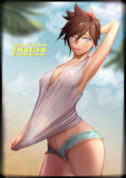 Rule 34 | 1girl, absurdres, alternate costume, arched back, arm behind head, arm up, armpits, blue eyes, blue sky, breasts, breasts apart, brown hair, character name, clothes pull, covered erect nipples, cowboy shot, cutoff jeans, cutoffs, day, earrings, hair between eyes, highres, jewelry, jomuu, lens flare, looking at viewer, medium breasts, nail polish, nipples, no bra, overwatch, overwatch 1, parted lips, pink nails, see-through, shirt, shirt pull, short hair, short shorts, shorts, sky, solo, spiked hair, stomach, swept bangs, teeth, text focus, tracer (overwatch), wet, wet clothes, white shirt