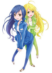 Rule 34 | 00s, 2girls, ahoge, bad anatomy, bad feet, blonde hair, blue hair, brown eyes, face, feet, green eyes, hoshii miki, idolmaster, idolmaster (classic), jacket, kisaragi chihaya, leaning forward, long hair, miomio, multiple girls, open clothes, open jacket, open mouth, own hands clasped, own hands together, poorly drawn, popped collar, shoes, simple background, sweatdrop, track suit, v, v arms