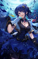Rule 34 | 1girl, absurdres, black gloves, blue dress, blue eyes, blue hair, breasts, bubble, cleavage, commentary request, dress, fish, gloves, hair ornament, highres, jewelry, kurousagi yuu, long hair, looking at viewer, ocean, open mouth, otomi sara, ponytail, shark, underwater, virtual youtuber
