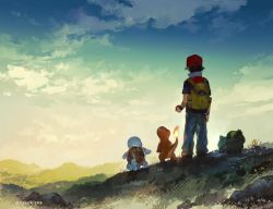 Rule 34 | 1boy, artist name, backpack, bag, baseball cap, bulbasaur, charmander, cloud, commentary request, creatures (company), fire, flame-tipped tail, game freak, gen 1 pokemon, grass, hat, highres, holding, holding poke ball, male focus, nintendo, outdoors, pants, poke ball, pokemon, pokemon (creature), pokemon frlg, red (pokemon), red headwear, short sleeves, sky, squirtle, standing, starter pokemon trio, suzuki iori, watermark, yellow bag