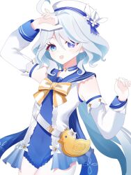 1girl :d ahoge barbara_(genshin_impact) barbara_(genshin_impact)_(cosplay) barbara_(summertime_sparkle)_(genshin_impact) blue_eyes blue_hair bow commentary_request cosplay cowboy_shot detached_sleeves drop-shaped_pupils furina_(genshin_impact) genshin_impact hair_between_eyes hat heterochromia highres kino_(curry_pan) light_blue_hair light_blush long_hair looking_at_viewer mismatched_pupils multicolored_hair official_alternate_costume one-piece_swimsuit open_mouth revision simple_background smile solo streaked_hair swimsuit symbol-shaped_pupils white_background white_hair white_hat white_sleeves