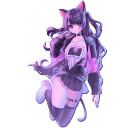 Rule 34 | 1girl, animal ear fluff, animal ears, azen (mntimcczgrtn), black choker, black jacket, black skirt, black thighhighs, blush, breasts, cat ears, cat girl, cat tail, character name, choker, collarbone, commission, cursor, indie virtual youtuber, jacket, long hair, looking at viewer, medium breasts, shimotsuki miri, shirt, shoes, simple background, skeb commission, skirt, smile, sneakers, solo, tail, textless version, thigh strap, thighhighs, two side up, v, very long hair, virtual youtuber, white background, white footwear, white shirt