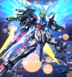 Rule 34 | amasaki yusuke, clenched hands, energy wings, flying, green eyes, gun, gundam, gundam build fighters, highres, holding, holding gun, holding weapon, looking at viewer, mecha, robot, solo, space, star build strike gundam, v-fin, weapon