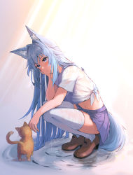 Rule 34 | 1girl, animal ear fluff, animal ears, blue eyes, blue hair, blue tail, bra visible through clothes, cat, cat girl, closed mouth, from side, head on hand, headpat, long hair, midriff, navel, original, purple skirt, shoes, signature, skirt, solo, squatting, stomach, sunlight, tail, thighhighs, very long hair, white thighhighs, yokura (yukilina)