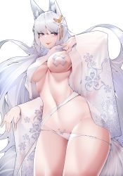 Rule 34 | 1girl, :p, absurdres, animal ear fluff, animal ears, azur lane, blue eyes, breasts, clothes lift, commentary request, cowboy shot, floral print, fox ears, groin, highres, large breasts, lifted by self, long hair, long sleeves, looking at viewer, nail polish, panties, pasties, samip, shinano (azur lane), simple background, smile, solo, standing, thick thighs, thighs, tongue, tongue out, underwear, very long hair, white background, white hair, white nails, white panties, wide sleeves