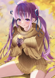 Rule 34 | 1girl, :q, absurdres, ahoge, asphalt494, bad id, bad pixiv id, blue hair, blue nails, blue ribbon, blush, breasts, brown sweater, closed mouth, dress, food, hair ribbon, highres, holding, holding food, hololive, large breasts, long hair, long sleeves, minato aqua, multicolored hair, nail polish, pink eyes, purple hair, ribbed sweater, ribbon, roasted sweet potato, sidelocks, sitting, solo, streaked hair, sweater, sweater dress, sweet potato, thighs, tongue, tongue out, twintails, very long hair, virtual youtuber