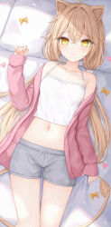 Rule 34 | 1girl, absurdres, ahoge, animal ears, blonde hair, blush, cc lin, crop top, grey shorts, highres, lion ears, lion tail, long hair, lying, navel, on bed, pillow, rurudo lion, shorts, solo, sweater, tail, very long hair, yellow eyes