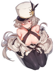 Rule 34 | 1girl, aningay, black pantyhose, breasts, closed mouth, dress, eyes visible through hair, girls&#039; frontline, green hair, hair between eyes, hat, hat feather, kord (girls&#039; frontline), large breasts, long hair, looking at viewer, off shoulder, pantyhose, red eyes, seiza, simple background, sitting, solo, very long hair, white background, white dress, white hat