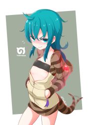 Rule 34 | 10s, 1girl, animal hood, aqua eyes, aqua hair, bandeau, blush, breasts, character name, commentary request, cowboy shot, flying sweatdrops, hands in pockets, highres, hood, hoodie, japari symbol, kemono friends, long hair, long sleeves, looking at viewer, messy hair, signature, small breasts, snake tail, solo, strapless, striped, sweat, tail, tail wagging, tsuchinoko (kemono friends), tube top, twitter username, yaosera, zipper