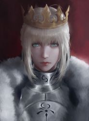 Rule 34 | 1girl, armor, artoria pendragon (all), artoria pendragon (fate), blonde hair, breastplate, crown, fate (series), fur trim, green eyes, hair between eyes, lips, looking at viewer, portrait, red background, saber (fate), sidelocks, solo, viet le quoc