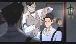 Rule 34 | 3boys, ace attorney, ayu161, black hair, blurry, blurry foreground, bow, bowtie, brown hair, brown vest, brushing another&#039;s hair, brushing hair, closed mouth, collared shirt, glasses, grey bow, grey bowtie, grey hair, hair brush, hairdressing, highres, holding, holding hair brush, kazuma asogi, lamp, letterboxed, long sleeves, looking at another, looking at mirror, looking back, male focus, mirror, multicolored hair, multiple boys, open mouth, ryunosuke naruhodo, satoru hosonaga, shirt, short hair, streaked hair, suspenders, the great ace attorney, upper body, vest, white shirt