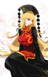 Rule 34 | 1girl, black dress, blonde hair, breasts, chinese clothes, dress, eyelashes, floral background, flower, hat, headdress, highres, junko (touhou), large breasts, lily (flower), long sleeves, looking at viewer, obi, pointy ears, raptor7, red eyes, ribbon, sash, shiny clothes, sideways glance, sitting, sketch, sleeves past wrists, solo, tabard, touhou, wide sleeves