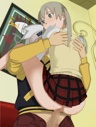 Rule 34 | 00s, ass, blonde hair, blush, carrying, censored, clothed sex, clothes lift, green eyes, happy sex, headband, held up, ice place, jacket, living room, long hair, long sleeves, maka albarn, painting (action), school uniform, sex, skirt, skirt lift, smile, soul eater, soul evans, suspended congress, sweater, upstanding citizen, vaginal, white hair