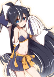 Rule 34 | + +, 1girl, :o, alternate costume, animal ears, arm behind back, azur lane, bare legs, bare shoulders, black hair, blue eyes, blue skirt, blue sleeves, blush, bow, breasts, cheerleader, cleavage, collarbone, commentary request, cowboy shot, detached sleeves, hair between eyes, hair bow, hand up, hestia (neko itachi), high ponytail, holding, holding pom poms, long hair, looking at viewer, medium breasts, midriff, multicolored hair, navel, outline, pleated skirt, pom pom (cheerleading), pom poms, ponytail, sash, sidelocks, simple background, skirt, solo, standing, streaked hair, very long hair, white background, white bow, white hair, yellow sash, yoizuki (azur lane)