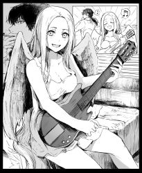 Rule 34 | 1boy, 1girl, :d, angel, angel notes, angel wings, bed, black border, border, breasts, card, cleavage, closed eyes, collarbone, dress, greyscale, guitar, gun god, instrument, long hair, looking at viewer, medium breasts, monochrome, music, musical note, no bangs, on bed, open mouth, playing card, plectrum, ponytail, singing, sitting, smile, syatey, type-moon, v/v, very long hair, wings