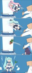 Rule 34 | 4girls, 4koma, absurdres, aqua hair, blue archive, chibi, closed eyes, comic, crying, dress, garrison cap, hair over one eye, haruka (blue archive), hat, hatsune miku, highres, hiyori (blue archive), holding, hong hongcha, koyuki (blue archive), long hair, multiple girls, necktie, open mouth, pink hair, plant, potted plant, simple background, spring onion, sweat, throwing, twintails, very long hair, vocaloid, weeds