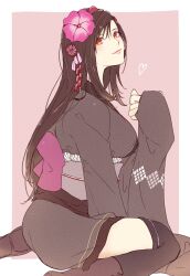 Rule 34 | black footwear, black hair, black kimono, black thighhighs, boots, border, breasts, closed mouth, commentary, final fantasy, final fantasy vii, final fantasy vii remake, flower, from side, hair flower, hair ornament, hand up, heart, highres, japanese clothes, kimono, knee boots, large breasts, light blush, lips, long hair, long sleeves, looking at viewer, looking to the side, official alternate costume, outside border, red eyes, red flower, sash, sitting, smile, swept bangs, thighhighs, tifa lockhart, tifa lockhart (exotic dress), wan tarowou32, wariza, white border, wide sleeves, zettai ryouiki