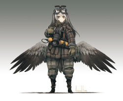 Rule 34 | 1girl, artist name, asterisk kome, bird wings, black footwear, boots, brown coat, brown gloves, camera, closed mouth, coat, commentary, gloves, goggles, goggles on head, gradient background, grey background, grey pants, grey wings, holding, holding camera, light frown, long hair, long sleeves, looking at viewer, low wings, oxygen mask, oxygen tank, pants, red eyes, shadow, signature, silver hair, solo, standing, winged fusiliers, wings