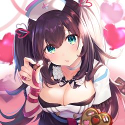 Rule 34 | 1girl, aqua eyes, balloon, blush, breasts, brown hair, chocolate, choker, cleavage, collarbone, commentary request, hair ribbon, hanamori healthy, hat, heart balloon, large breasts, long hair, looking at viewer, melty+, nurse cap, omelet tomato, red ribbon, ribbon, solo, two side up, valentine, virtual youtuber, white choker