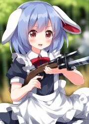 Rule 34 | 1girl, :d, alternate costume, animal ears, apron, bayonet, blue hair, bow, bowtie, breasts, collared dress, cowboy shot, dress, floppy ears, gun, highres, knife, maid, maid apron, musket, one-hour drawing challenge, open mouth, outdoors, puffy short sleeves, puffy sleeves, rabbit ears, red bow, red bowtie, reisen (touhou bougetsushou), rifle, ruu (tksymkw), short hair, short sleeves, shotgun, small breasts, smile, solo, touhou, weapon, white apron
