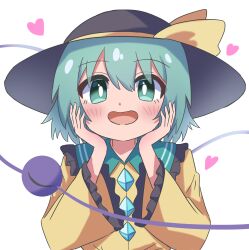 Rule 34 | 1girl, :d, absurdres, black hat, blush, buttons, diamond button, eyeball, frilled sleeves, frills, green eyes, green hair, hands on own cheeks, hands on own face, hat, hat ribbon, heart, high meron, highres, komeiji koishi, long sleeves, looking at viewer, open mouth, ribbon, shirt, short hair, simple background, smile, solo, third eye, touhou, upper body, white background, wide sleeves, yellow ribbon, yellow shirt