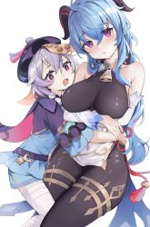 Rule 34 | 2girls, absurdres, ahoge, bad id, bad pixiv id, bandages, bare shoulders, bead necklace, beads, bell, black bodysuit, blue hair, blush, bodystocking, bodysuit, breast hold, breasts, chinese clothes, cowbell, detached sleeves, ganyu (genshin impact), genshin impact, goat horns, gold trim, highres, horns, hug, jewelry, jiangshi, large breasts, long hair, looking at viewer, low ponytail, multiple girls, necklace, ofuda, open mouth, purple eyes, purple hair, qiqi (genshin impact), short hair, simple background, smile, white background, yamiiv