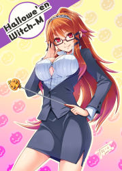Rule 34 | 10s, 1girl, 2010, breasts, bursting breasts, cleavage, dated, glasses, hair ribbon, hairband, halloween, hand on own hip, highres, hip focus, jack-o&#039;-lantern, large breasts, long hair, nail polish, original, pink nails, pumpkin, red eyes, ribbon, skirt, solo, teacher, tel-o