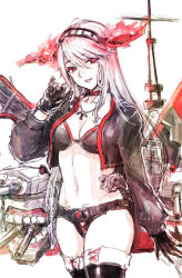 Rule 34 | 10s, 1girl, abyssal ship, belt, boots, bra, breasts, cleavage, corruption, dark persona, gloves, hairband, haruna (kancolle), highres, jacket, kantai collection, long hair, open mouth, osakana (denpa yun&#039;yun), red eyes, solo, thigh boots, thighhighs, thong, underwear, white hair