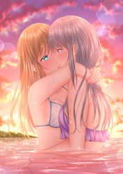 Rule 34 | 2girls, absurdres, bikini, bikini top only, blonde hair, blue eyes, blush, breasts, cleavage, closed mouth, collarbone, highres, hug, imminent kiss, kiss, lino (lilyparty07), long hair, medium breasts, multiple girls, ocean, original, outdoors, parted lips, partially submerged, purple bikini, purple eyes, resolution mismatch, sideboob, silver hair, smile, source smaller, straight hair, swimsuit, twilight, very long hair, wet, wet hair, white bikini, yuri