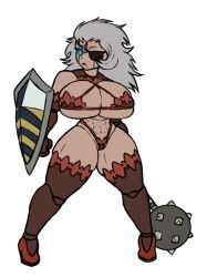 Rule 34 | 1girl, abs, blue eyes, breasts, cameltoe, cleft of venus, club, concept art, cross-laced clothes, darkest dungeon, doll, elbow gloves, eyepatch, full body, genderswap, gloves, grey hair, high heels, highleg, highleg panties, holding, holding shield, holding weapon, large breasts, long hair, mace, man-at-arms (darkest dungeon), panties, shield, solo, spiked club, standing, thick thighs, thighhighs, thighs, transparent background, underwear, weapon, xelsword