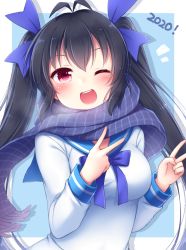 Rule 34 | 1girl, 2020, ;d, ^^^, antenna hair, blue background, blue ribbon, blue sailor collar, blue scarf, blush, breasts, breath, chunithm, commentary request, double v, fringe trim, hair ribbon, hakobe naru, large breasts, long hair, long sleeves, looking at viewer, medium breasts, one eye closed, open mouth, pink eyes, ribbon, sailor collar, sanotsuki, scarf, school uniform, serafuku, shirt, smile, solo, striped clothes, striped scarf, teeth, twintails, two-tone background, upper body, upper teeth only, v, very long hair, white shirt